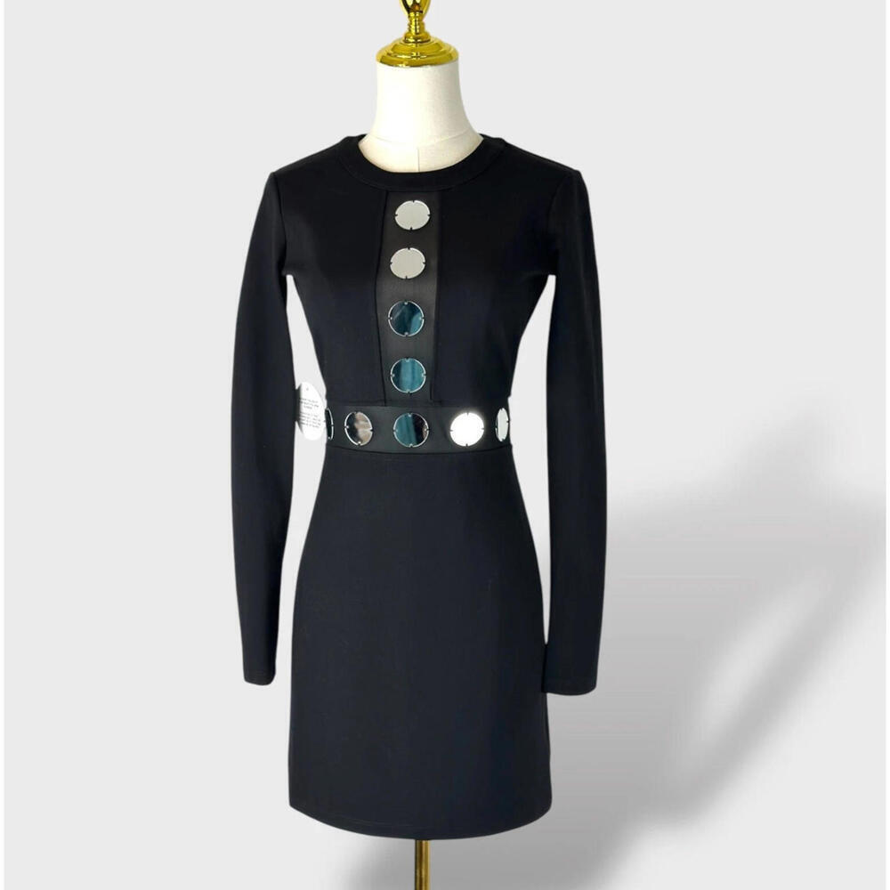 STAUD Black Long-Sleeve Mini Dress with Mirror Disk Accents